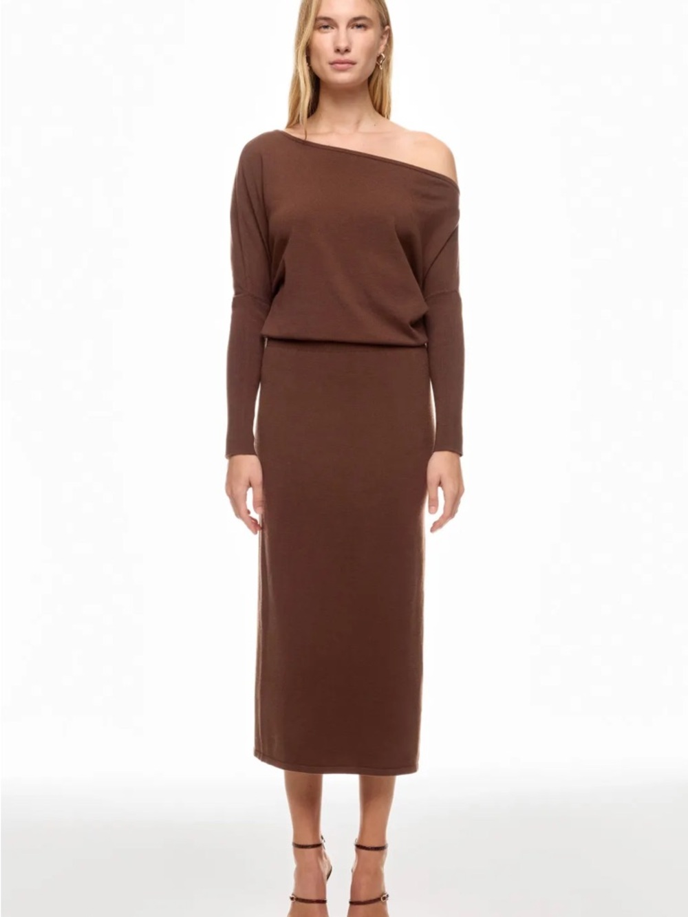 SIMKHAI - Janese Off Shoulder Wool Blend Midi Dress in Chocolate